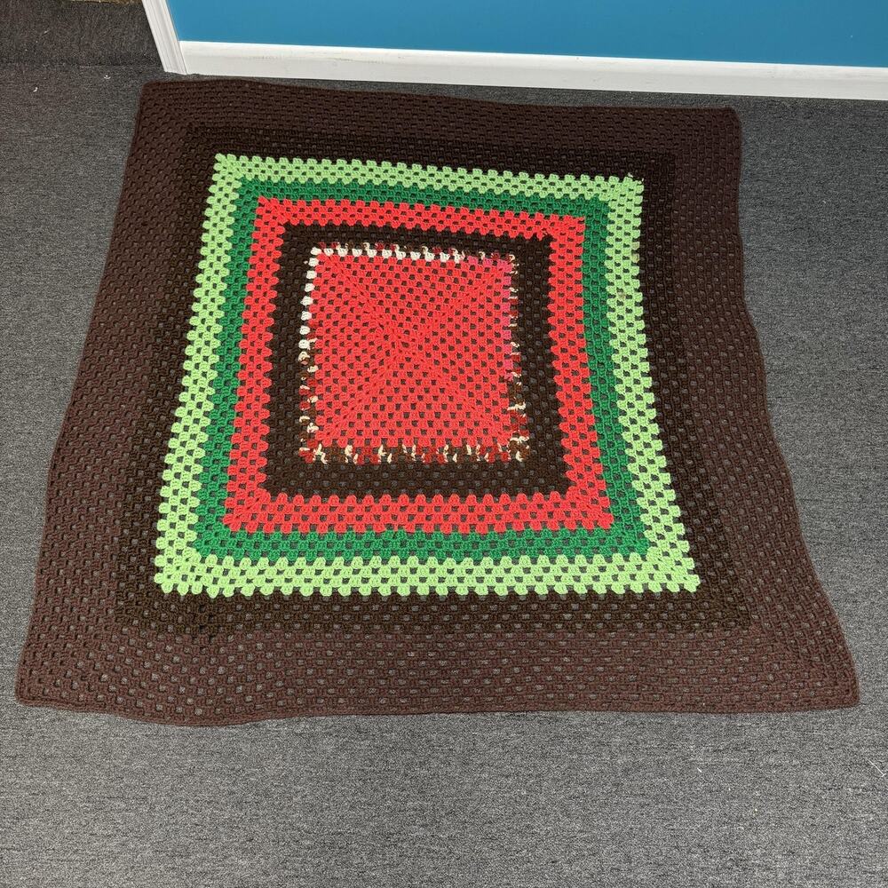Vintage 70s Handmade Granny Square Throw Blanket Afghan 57x57 Hippie Cottagecore